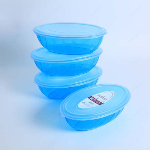 Picture of plastic transparent oval bowl 72 oz with cover blue color 4 pcs