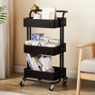 Picture of 3-Tier Metal Storage Rolling Cart with Utility Handle, Rustproof Kitchen Carts On Wheels, 360-Degree Rotation Trolley Cart, Shelving Unit for Garage Kitchen Bathroom Bedroom Office, Black, Q3630